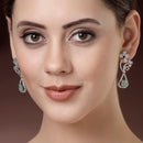 Rhodium Plated with Stylish Flower Design Ocean Blue & White American Diamond Small Drop Earrings