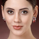 Rhodium Plated with Red & White American Diamonds Circular Shaped Stud Earrings