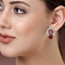 Rhodium Plated with Red & White American Diamonds Circular Shaped Stud Earrings