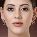 Rhodium Plated with Red American Diamond Stylish Square Shaped Small Drop Earrings