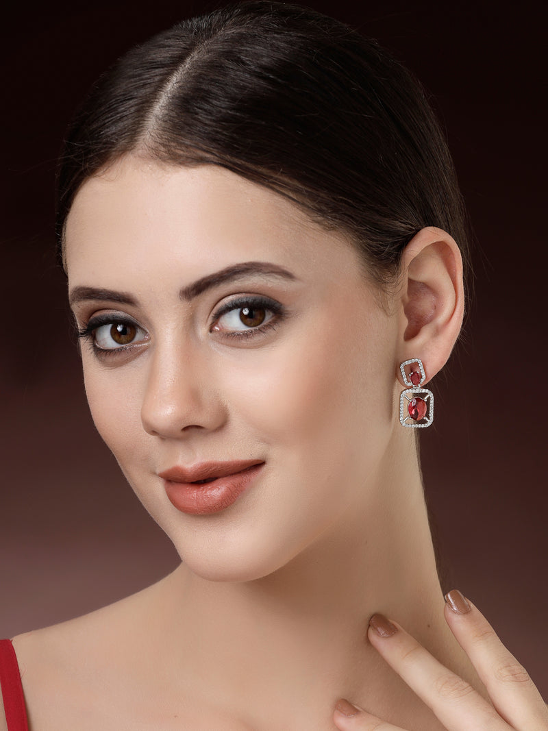 Rhodium Plated with Red American Diamond Stylish Square Shaped Small Drop Earrings