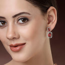 Rhodium Plated with Red American Diamond Stylish Square Shaped Small Drop Earrings
