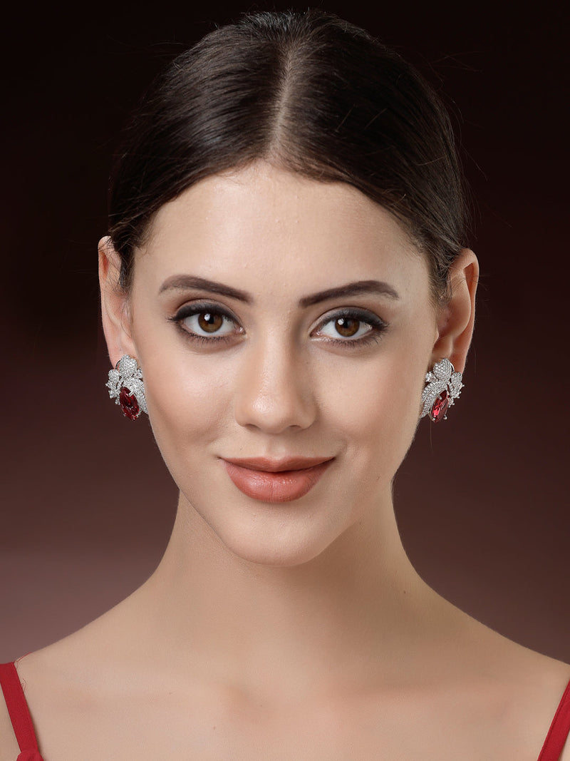Rhodium Plated Floral Design with Red & White American Diamond Stud Earrings