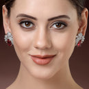 Rhodium Plated Floral Design with Red & White American Diamond Stud Earrings