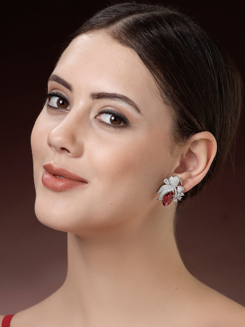 Rhodium Plated Floral Design with Red & White American Diamond Stud Earrings