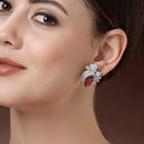 Rhodium Plated Floral Design with Red & White American Diamond Stud Earrings