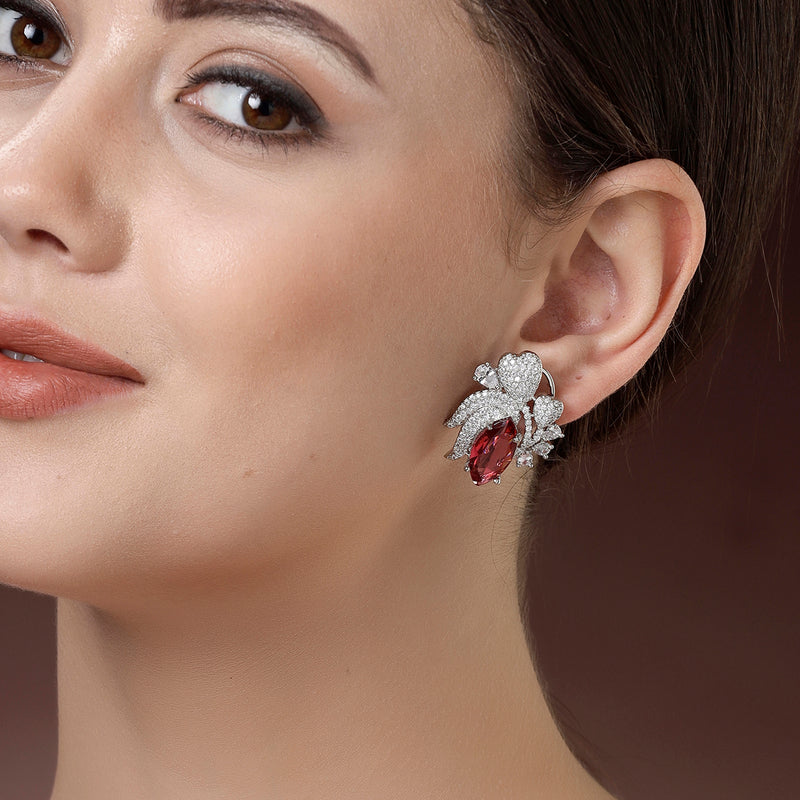 Rhodium Plated Floral Design with Red & White American Diamond Stud Earrings