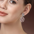 Rhodium Plated Teardrop Red American Diamond Contemporary Long Drop Earrings