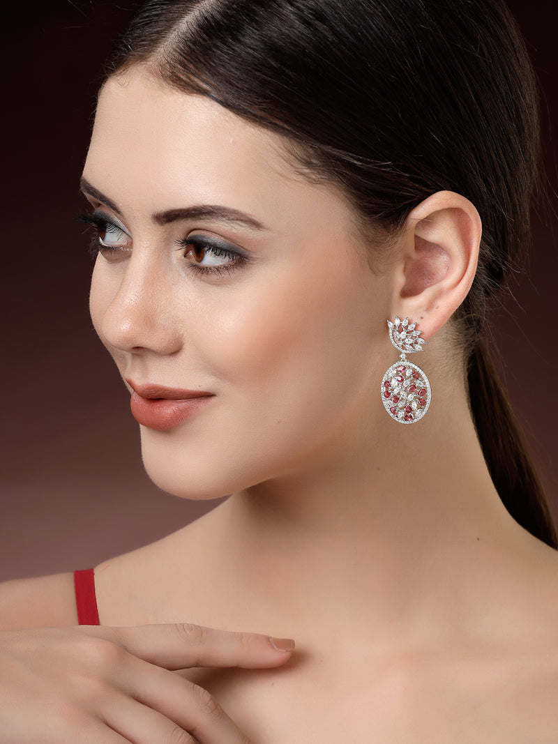 Rhodium Plated Tiny Tear Drops Red & White American diamond Small Drop Earrings