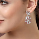 Rhodium Plated Teardrop Red American Diamond Contemporary Long Drop Earrings
