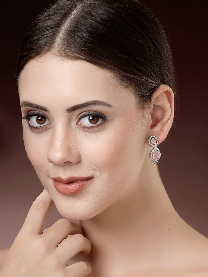 Rhodium Plated with Pink & White American Diamond Small Drop Earrings