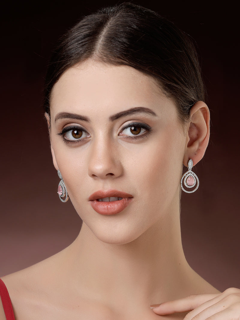 Rhodium Plated Silver Toned with Teardrop Shaped Pink & White American Diamond Drop Earrings