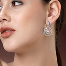Rhodium Plated Silver Toned with Teardrop Shaped Pink & White American Diamond Drop Earrings