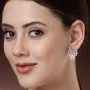Rhodium Plated with Pink & White American Diamonds Circular Shaped Stud Earrings