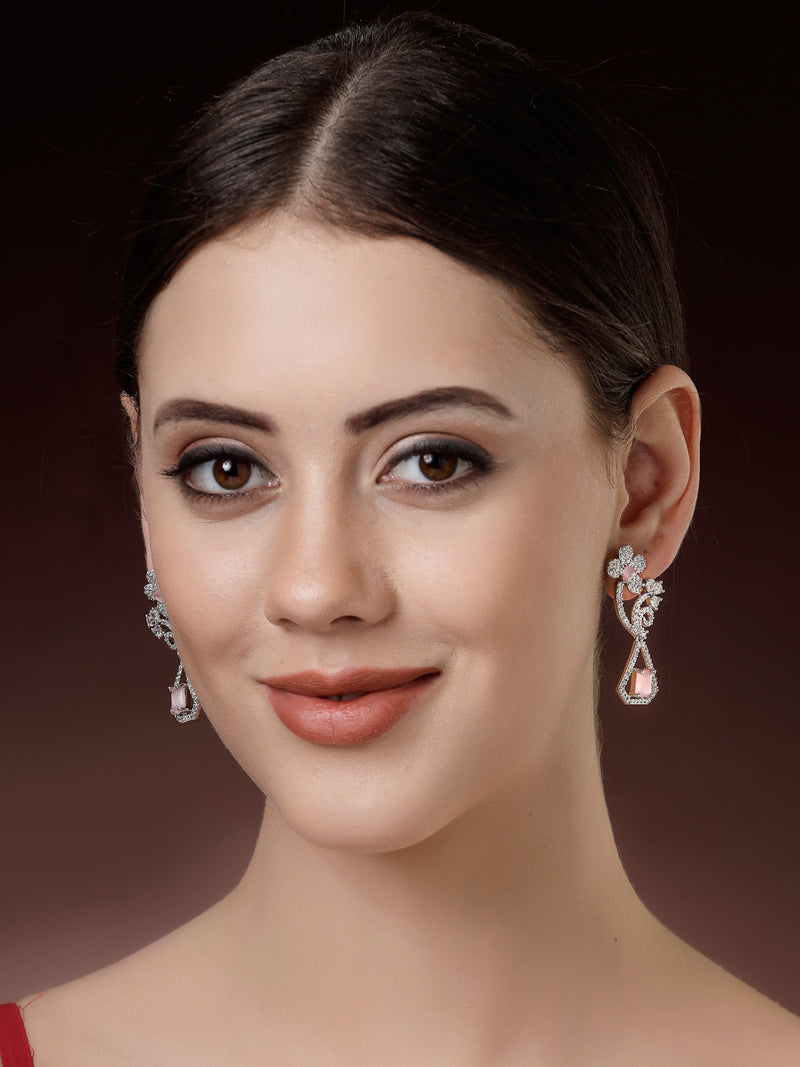 Rhodium Plated with Stylish Flower Design Pink & White American Diamond Small Drop Earrings