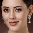 Rhodium Plated Geometric Floral Pink American Diamond Contemporary Long Drop Earrings