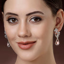 Rhodium Plated with Stylish Flower Design Pink & White American Diamond Small Drop Earrings