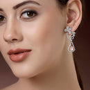 Rhodium Plated with Stylish Flower Design Pink & White American Diamond Small Drop Earrings