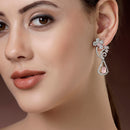 Rhodium Plated Geometric Floral Pink American Diamond Contemporary Long Drop Earrings