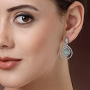 Rhodium Plated Silver Toned with Teardrop Shaped Ocean Blue & White American Diamond Drop Earrings