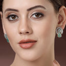 Rhodium Plated with Ocean Blue & White American Diamonds Circular Shaped Stud Earrings