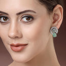 Rhodium Plated with Ocean Blue & White American Diamonds Circular Shaped Stud Earrings