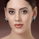 Rhodium Plated Floral Design with Green & White American Diamond Stud Earrings