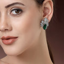 Rhodium Plated Floral Design with Green & White American Diamond Stud Earrings