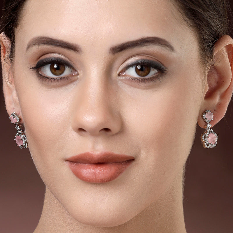 Rhodium Plated with Dual Pink American Diamonds Drop Earrings