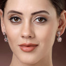 Rhodium Plated with Dual Pink American Diamonds Drop Earrings