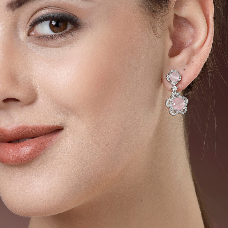 Rhodium Plated with Dual Pink American Diamonds Drop Earrings