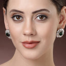 Rhodium Plated Round Floral Design with Green & White American Diamond Stud Earrings