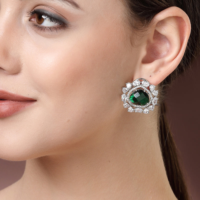 Rhodium Plated Round Floral Design with Green & White American Diamond Stud Earrings