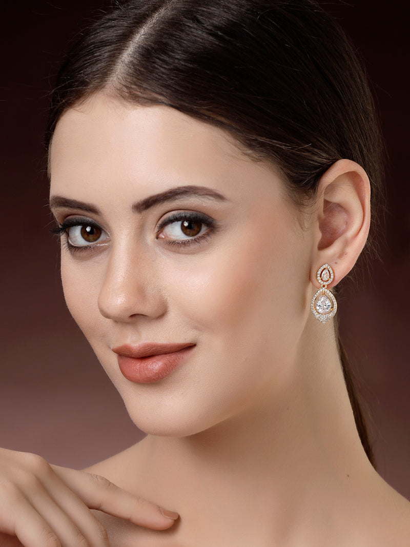 Gold Plated with White Tear Drop Shaped American Diamond Small Drop Earrings