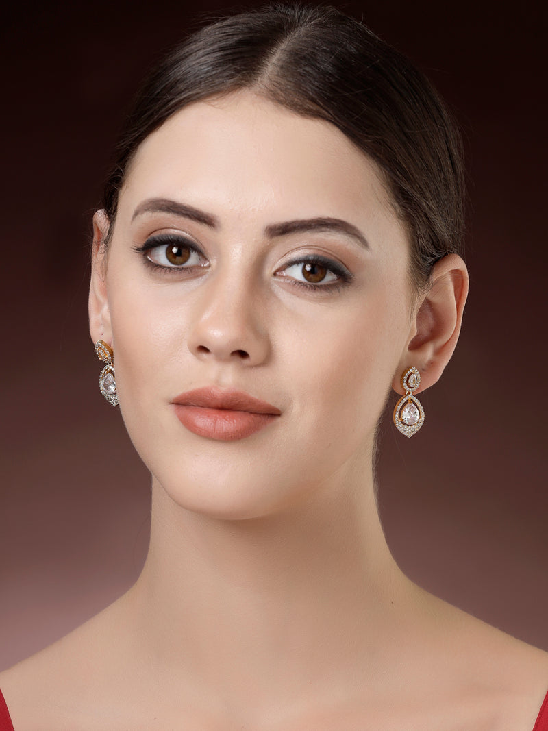 Gold Plated with White Tear Drop Shaped American Diamond Small Drop Earrings