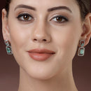Rhodium Plated with Ocean Blue American Diamond Stylish Square Shaped Small Drop Earrings
