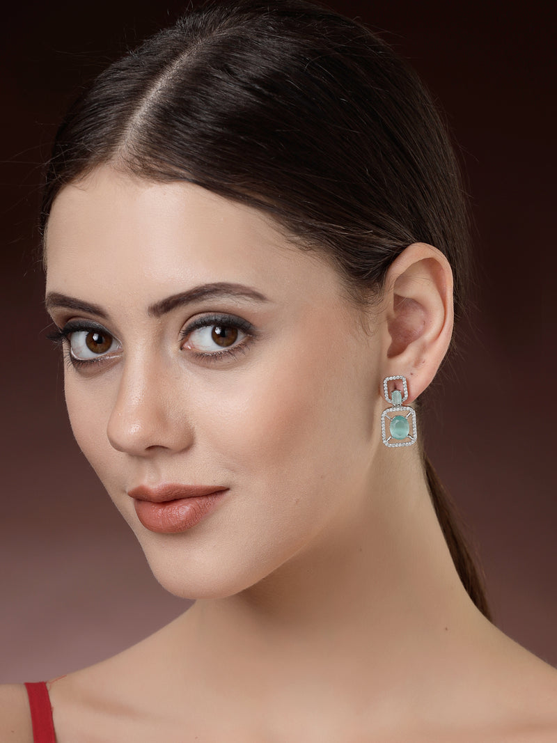 Rhodium Plated with Ocean Blue American Diamond Stylish Square Shaped Small Drop Earrings