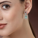 Rhodium Plated with Ocean Blue American Diamond Stylish Square Shaped Small Drop Earrings