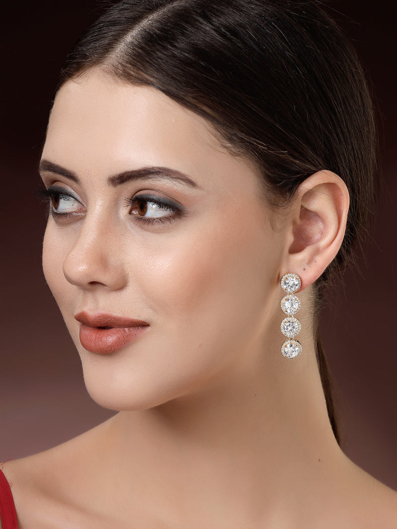 Gold Plated with White Round American Diamond Dangler Earrings