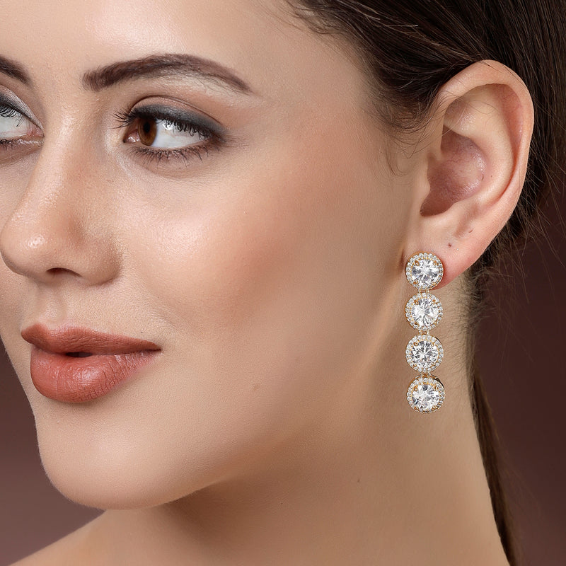 Gold Plated with White Round American Diamond Dangler Earrings
