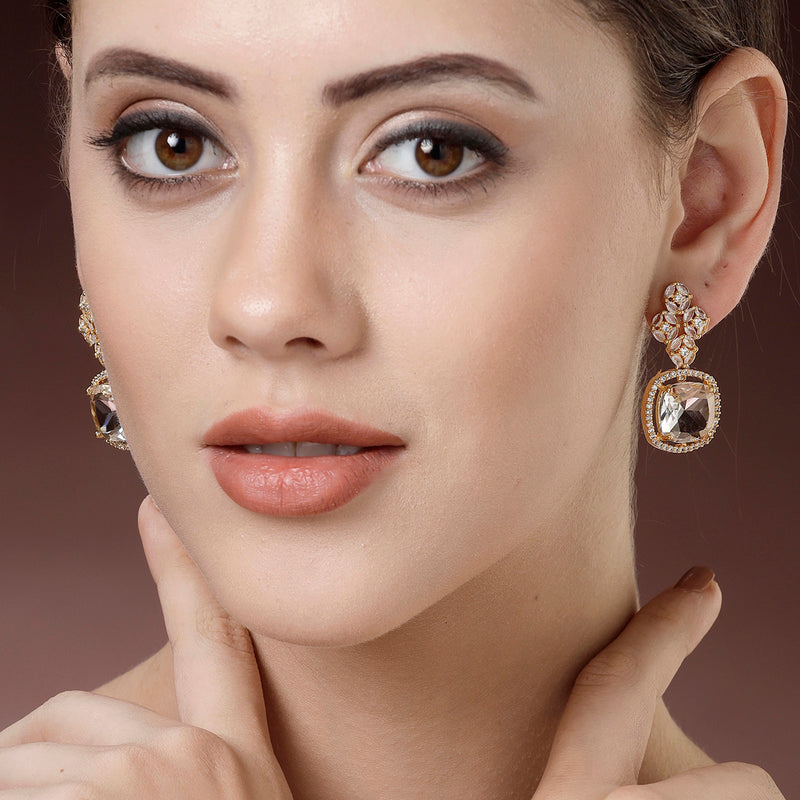 Gold Plated with White American Diamond Small Drop Earrings