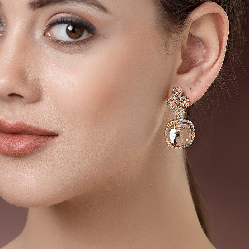 Gold Plated with White American Diamond Small Drop Earrings