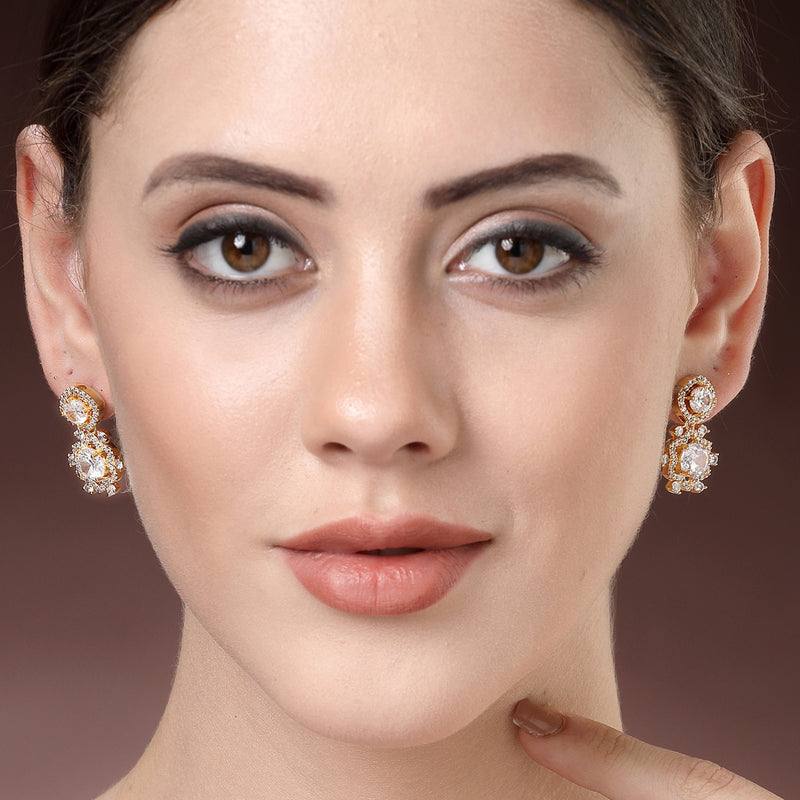 Gold Plated with White American Diamond Small Drop Earrings