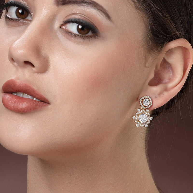 Gold Plated with White American Diamond Small Drop Earrings