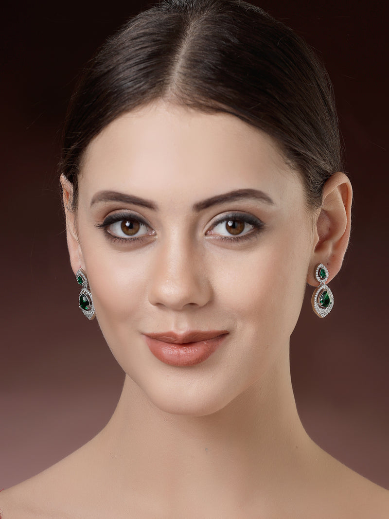 Rhodium Plated with Green American Diamond Dual Teardrop Design Drop Earrings