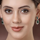 Rhodium Plated with Green American Diamond Dual Teardrop Design Drop Earrings