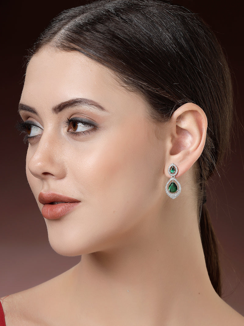 Rhodium Plated with Green American Diamond Dual Teardrop Design Drop Earrings