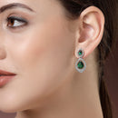 Rhodium Plated with Green American Diamond Dual Teardrop Design Drop Earrings