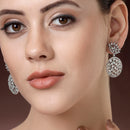 Rhodium Plated Teardrop Sea Green American Diamond Contemporary Long Drop Earrings