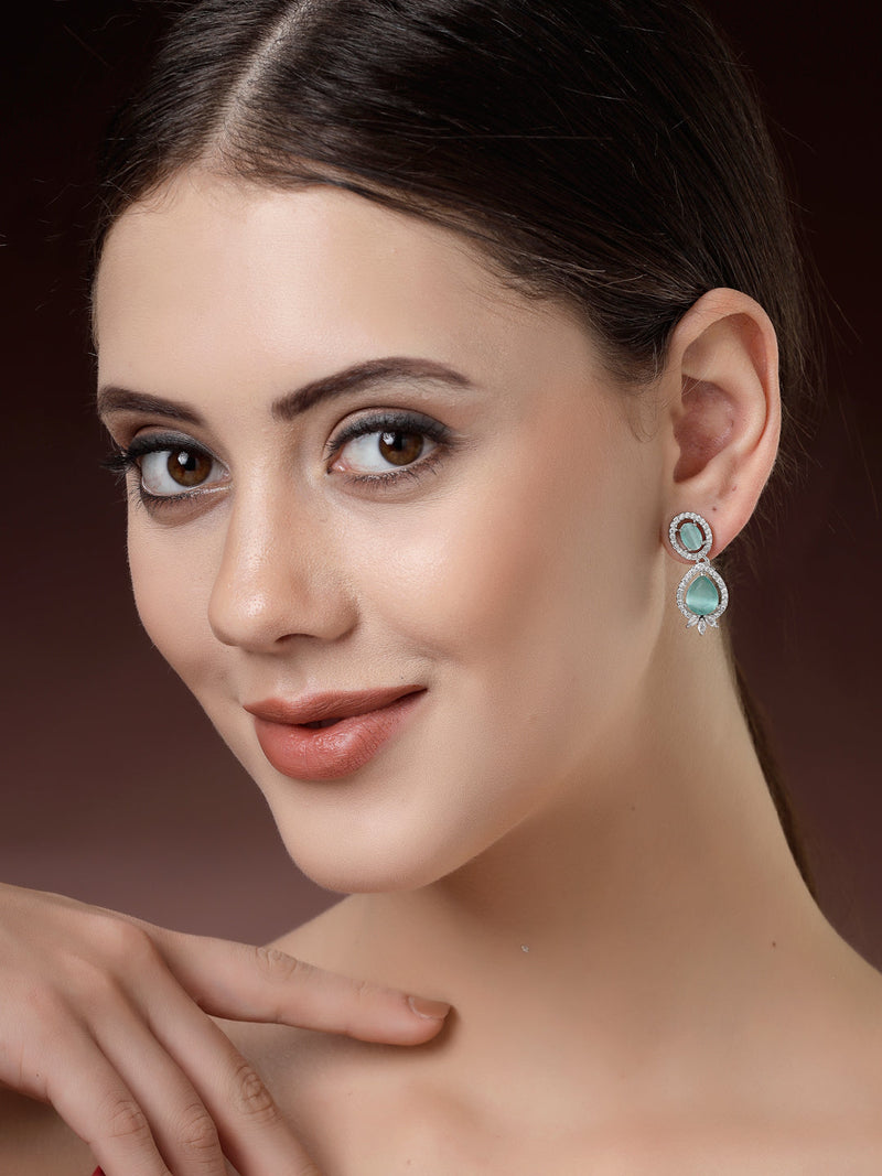 Rhodium Plated with Ocean Blue & White American Diamond Small Drop Earrings